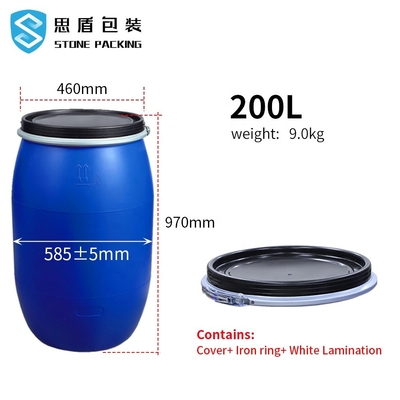 बेलनाकार ब्लू केमिकल 200l 55 गैलन प्लास्टिक ड्रम 585 * 970mm 9kg